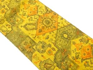 リサイクル　手織り紬菱に抽象華紋・草花模様織出し名古屋帯